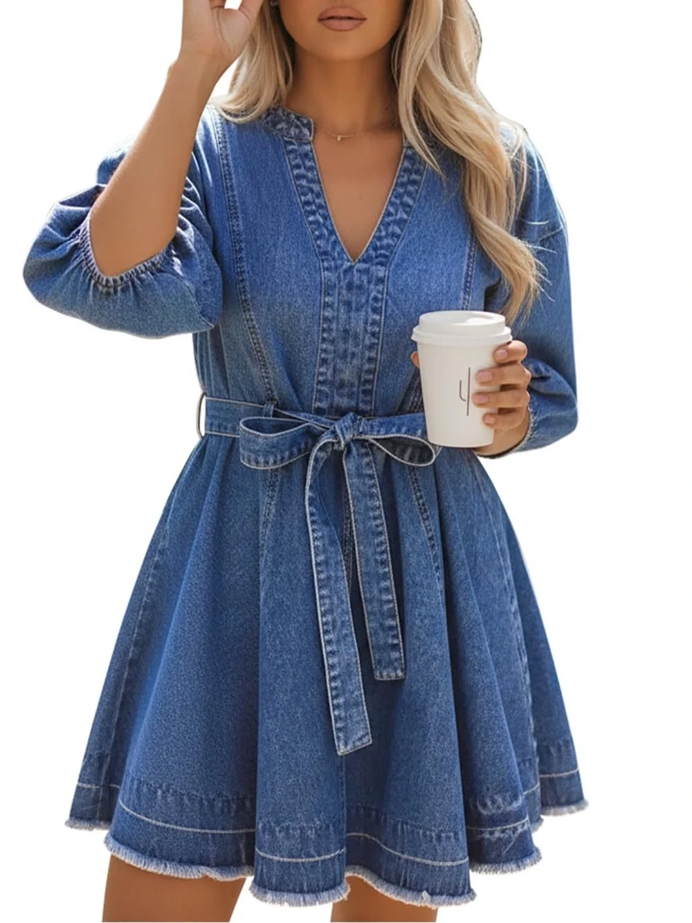 NWT Bisual Chambray Denim Mini Dress XL Tie Waist Balloon Sleeve Boho